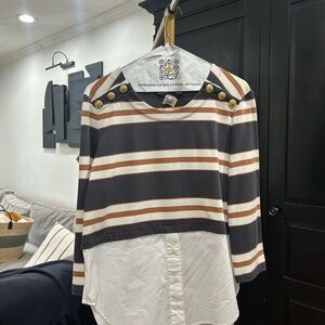 Veronica Beard Striped Button Down Shirt - Black, White, Brown